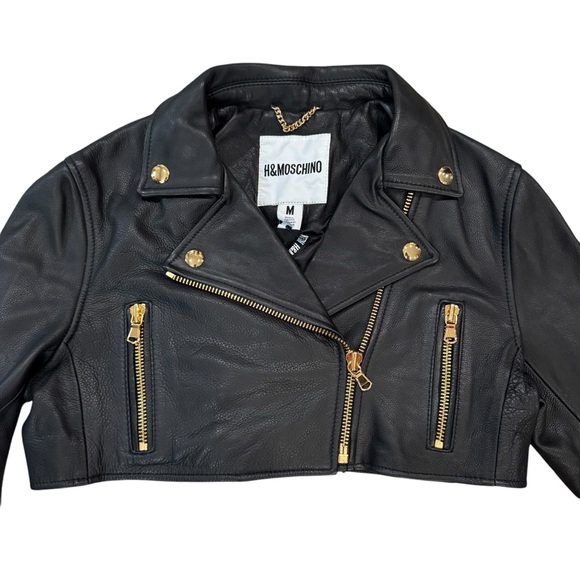 NEW Moschino x H&M Collaboration Cropped Black Leather Moto Jacket - Picture 12 of 14